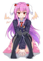 Rule 34 | 1girl, animal ears, ass, black jacket, blazer, blush, commentary, covering crotch, covering privates, crescent, crescent pin, e.o., full body, highres, jacket, knees up, long hair, long sleeves, looking at viewer, necktie, no shoes, parted lips, pink skirt, pleated skirt, purple hair, rabbit ears, red eyes, red necktie, reisen udongein inaba, shadow, simple background, sitting, skirt, smile, solo, thighhighs, thighs, tongue, tongue out, touhou, v arms, white background, wing collar