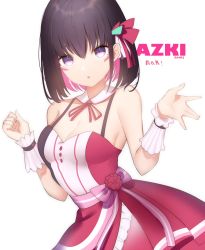 Rule 34 | 1girl, arms at sides, azki (3rd costume) (hololive), azki (hololive), black hair, blush, breasts, cleavage, commentary request, hair ornament, highres, hololive, looking at viewer, multicolored hair, niemi.lanmak, purple eyes, short hair, simple background, sleeveless, solo, virtual youtuber, white background