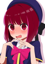 Rule 34 | 1girl, @ @, absurdres, arima kana, beret, black bow, blue hat, blue jacket, blush, bow, bowtie, breasts, close-up, dress shirt, drop shadow, embarrassed, hat, hat bow, highres, index fingers together, jacket, kakedashieshi, nervous, nose blush, oshi no ko, pink bow, pink bowtie, portrait, raised eyebrows, red eyes, red hair, ribbon, school uniform, shirt, short hair, short sleeves, simple background, small breasts, solo, sweat, upper body, w arms, wavy eyebrows, wavy mouth, white background, white shirt