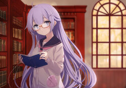 Rule 34 | 1girl, anchor symbol, azur lane, black sailor collar, book, cardigan, commentary request, glasses, hair ornament, holding, holding book, indoors, long hair, long sleeves, open book, puffy long sleeves, puffy sleeves, purple eyes, purple hair, red-framed eyewear, sailor collar, semi-rimless eyewear, shirt, sleeves past wrists, solo, sukireto, under-rim eyewear, unicorn (azur lane), unicorn (long-awaited date) (azur lane), very long hair, white cardigan, white shirt, window, x hair ornament