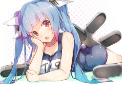Rule 34 | 10s, 1girl, ass, bad id, bad nicoseiga id, bare shoulders, blue hair, breasts, hair ribbon, hand on own cheek, hand on own face, head rest, i-19 (kancolle), kantai collection, large breasts, long hair, looking at viewer, lying, meth (emethmeth), name tag, on stomach, one-piece swimsuit, open mouth, red eyes, ribbon, school swimsuit, solo, swimsuit, teeth, torpedo, twintails