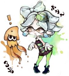 Rule 34 | !, + +, 1girl, :o, animal, brown eyes, character name, chibi, detached collar, dress, earrings, gloves, green pantyhose, hair rings, inkling, inkling player character, jewelry, kotatu (akaki01aoki00), marie (splatoon), mole, mole under eye, nintendo, object on head, open mouth, paint, paint splatter, pantyhose, pointy ears, short hair, silver hair, simple background, solo, splatoon (series), splatoon 1, squid, strapless, strapless dress, symbol-shaped pupils, tentacle hair, white background, white gloves