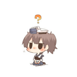 Rule 34 | 10s, 1girl, ?, black eyes, blush, box, brown hair, case, gift, gift box, kaga (kancolle), kantai collection, lowres, mail, object on head, paper, rebecca (keinelove), ribbon, short hair, side ponytail, sitting