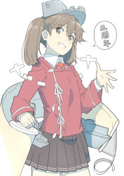 Rule 34 | 1girl, bad id, bad pixiv id, black skirt, brown hair, cowboy shot, grin, japanese clothes, kantai collection, kariginu, looking at viewer, magatama, ninimo nimo, onmyouji, pleated skirt, red shirt, ryuujou (kancolle), shikigami, shirt, simple background, skirt, smile, solo, standing, twintails, visor cap, white background