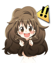 Rule 34 | !, !!, 1girl, :d, big hair, blush, brown eyes, brown hair, female focus, hair censor, hair over breasts, long hair, nude, open mouth, smile, solo, taneshima popura, very long hair, white background, working!!, yamori (stom)
