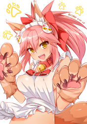 Rule 34 | 10s, absurdres, animal ears, animal hands, apron, bell, bow, collar, covered erect nipples, fate/extra, fate/grand order, fate (series), fox ears, fox tail, gloves, hair between eyes, hair bow, highres, long hair, maid headdress, naked apron, neck bell, nekomicha, paw gloves, pink hair, ponytail, solo, tail, tamamo (fate), tamamo cat (fate), tamamo cat (third ascension) (fate), tamamo no mae (fate/extra), yellow eyes
