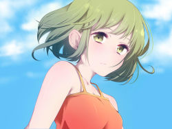 Rule 34 | 1girl, :/, casual, close-up, collarbone, fuu (07199382), green eyes, green hair, gumi, highres, looking at viewer, matching hair/eyes, short hair, solo, vocaloid, wind