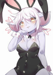 Rule 34 | 1girl, absurdres, animal ears, arm at side, bare shoulders, black leotard, blush, breasts, cleavage, collar, colored skin, detached collar, eyebrows, eyelashes, fake animal ears, fang, female focus, hand on own face, hand up, highres, league of legends, leotard, long ears, looking at viewer, medium breasts, medium hair, nose, parted lips, purple skin, rabbit ears, shortstack, simple background, solo, tristana, upper body, white background, white collar, white hair, white wrist cuffs, wrist cuffs, yandere rabbit, yellow eyes, yordle
