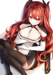 Rule 34 | 1girl, arm under breasts, azur lane, black jacket, black ribbon, black thighhighs, blush, breasts, chain, cleavage, closed mouth, collarbone, dress, elbow gloves, glove cuffs, gloves, hair ribbon, highres, honolulu (azur lane), jacket, jacket on shoulders, large breasts, long hair, looking at viewer, military jacket, red eyes, red hair, ribbon, shiero., short dress, sidelocks, sitting, solo, thighhighs, twintails, very long hair
