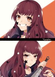 Rule 34 | 1girl, choker, facial mark, fire emblem, fire emblem engage, furrowed brow, grin, hair ornament, highres, holding, holding knife, holding weapon, knife, ku ra 41, long hair, looking at viewer, nintendo, red eyes, red hair, simple background, smile, solo, star (symbol), star hair ornament, weapon, yunaka (fire emblem)