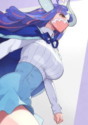 Rule 34 | 1girl, ahoge, blue cape, blue hair, blue skirt, breasts, cape, curled horns, high-waist skirt, highres, horns, kin niku, large breasts, long hair, long sleeves, mask, mouth mask, multicolored hair, one piece, simple background, skirt, solo, two-tone hair, ulti (one piece), walking