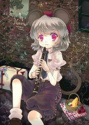 Rule 34 | 1girl, alternate costume, animal ears, basket, blush, cheese, clarinet, female focus, flower, food, instrument, iris anemone, mouse ears, mouse tail, nazrin, pants, red eyes, rose, short hair, silver hair, sitting, solo, tail, touhou