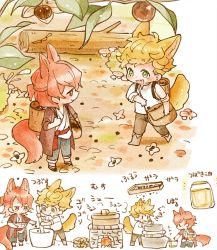 Rule 34 | 2boys, animal ears, backpack, bad id, bad pixiv id, bag, black pants, blonde hair, boots, brown coat, brown pants, cat boy, cat ears, cat tail, chibi, coat, cooking, flower, granblue fantasy, green eyes, kaisousan, looking at another, male focus, multiple boys, open clothes, open coat, open mouth, pants, percival (granblue fantasy), red eyes, red hair, shirt, short hair, shoulder bag, smile, tail, translation request, vane (granblue fantasy), white shirt