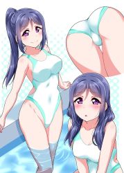 Rule 34 | 1girl, :o, alternate hairstyle, ass, bare arms, bare legs, blue hair, blush, breasts, cleavage, collarbone, competition swimsuit, hair over shoulder, high ponytail, highres, large breasts, long hair, love live!, love live! sunshine!!, matsuura kanan, multiple views, one-piece swimsuit, open mouth, polka dot, polka dot background, pool, poolside, purple eyes, skindentation, smile, standing, swimsuit, thick thighs, thighs, water, wet, wet clothes, wet hair, wet swimsuit, yopparai oni
