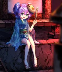 Rule 34 | 1girl, :d, absurdres, alternate costume, arm support, blue hair, cucumber, cucumber on a stick, eyebrows hidden by hair, full body, highres, japanese clothes, kawashiro nitori, kimono, looking at viewer, mask, obi, open mouth, purple eyes, purple hair, sandals, sash, sitting, sleeves past wrists, smile, solo, sunnysideup, toes, touhou, yukata