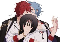 Rule 34 | 2boys, absurdres, amagi rinne, artist name, black headwear, black jacket, blue hair, bracelet, chain, chest strap, closed eyes, covering own mouth, dress shirt, earclip, earrings, ensemble stars!, hair between eyes, hat, highres, himeru (ensemble stars!), holding, holding another&#039;s wrist, holding clothes, holding hat, jacket, jacket on shoulders, jewelry, kiss, male focus, multiple boys, multiple rings, necklace, o-ring, official alternate costume, pinky ring, red hair, ring, ring necklace, shiba twst 69, shirt, short hair, simple background, sleeve cuffs, surprised, unworn hat, unworn headwear, upper body, v-neck, white background, white shirt, wide-eyed, yaoi, yellow eyes