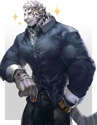 Rule 34 | 1boy, absurdres, alternate costume, animal ears, arknights, bad id, bad twitter id, bara, black pants, black shirt, bulge, collared shirt, contemporary, cup, furry, furry male, highres, holding, holding cup, large pectorals, male focus, mountain (arknights), muscular, muscular male, neumo, pants, partially unbuttoned, pectorals, scar, scar across eye, scar on face, shirt, short hair, sleeve cuffs, smile, solo, sparkle, tiger boy, tiger ears, white fur, white hair