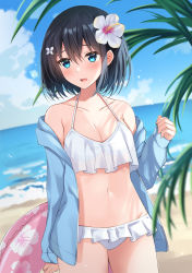 Rule 34 | 1girl, bikini, black hair, blue eyes, blue jacket, blue sky, blush, breasts, cleavage, cloud, collarbone, commentary request, day, flower, frilled bikini, frills, hair between eyes, hair flower, hair ornament, hand up, highres, horizon, innertube, jacket, komori kuzuyu, long sleeves, looking away, looking to the side, medium breasts, navel, ocean, off shoulder, open clothes, open jacket, open mouth, original, outdoors, rivier (kuzuyu), sky, sleeves past wrists, solo, swim ring, swimsuit, water, white bikini, white flower