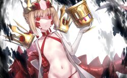 Rule 34 | 1girl, absurdres, ahoge, bikini, blonde hair, braid, breasts, chalice, criss-cross halter, crown, cup, dragon claw, dragon tail, elbow gloves, facial mark, fate/grand order, fate (series), french braid, gloves, hair bun, hair intakes, hair ribbon, halterneck, highres, jitome, long hair, looking at viewer, navel, nero claudius (fate), nero claudius (fate) (all), open clothes, pointy ears, queen draco (fate), queen draco (second ascension) (fate), red bikini, red eyes, red ribbon, ribbon, robe, single glove, small breasts, solo, swimsuit, tail, white gloves, white robe, yubeshi (zecxl)