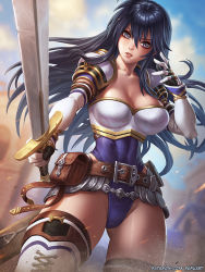 Rule 34 | 1girl, armor, ayra (fire emblem), bare shoulders, belt, black hair, breasts, cleavage, collarbone, elbow gloves, fire emblem, fire emblem heroes, gloves, holding, holding sword, holding weapon, large breasts, leotard, long hair, nintendo, parted lips, pauldrons, purple eyes, purple leotard, shoulder armor, solo, speh, sword, thighhighs, thighs, weapon, white background, white thighhighs