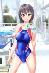 Rule 34 | 1girl, absurdres, blue one-piece swimsuit, breasts, brown eyes, clock, clothes writing, commentary request, competition swimsuit, contrapposto, covered navel, cowboy shot, goggles, grey hair, grin, groin, highres, indoors, large breasts, looking at viewer, one-piece swimsuit, original, pool, poolside, short hair, smile, solo, starting block, striped clothes, striped one-piece swimsuit, striped swimsuit, swimsuit, takafumi, unworn goggles, unworn swim cap