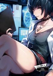 Rule 34 | 10s, 1girl, artist name, belt, blue hair, bowl cut, breasts, brown eyes, character name, choker, cleavage, clipboard, collar, computer, cowboy shot, crossed legs, dress, jewelry, lab coat, long sleeves, looking at viewer, medium breasts, mephisto (angraecum), monitor, nail polish, necklace, open mouth, pen, persona, persona 5, red nails, short hair, solo, studded collar, takemi tae, thighs, x-ray