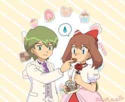 Rule 34 | 1boy, 1girl, alternate costume, blue eyes, box, brown hair, candy, candy cane, chapi sasa, chocolate, closed mouth, commentary request, creatures (company), drew (pokemon), flower, food, fruit, game freak, gift, green eyes, green hair, grey vest, hair ribbon, heart-shaped box, hetero, holding, holding chocolate, holding flower, holding food, holding gift, jacket, korean commentary, long sleeves, may (pokemon), medium hair, necktie, nintendo, pants, pink skirt, pokemon, pokemon (anime), pokemon rse (anime), purple necktie, red flower, ribbon, shirt, short hair, skirt, smile, spoken sweatdrop, strawberry, strawberry slice, sweatdrop, vest, white jacket, white pants, white shirt