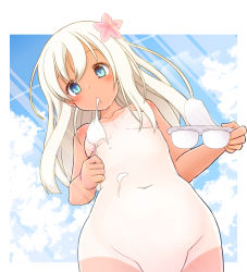 Rule 34 | 10s, 1girl, blue eyes, blush, breasts, cloud, convenient censoring, day, eating, flower, food, groin, hair censor, hair flower, hair ornament, hair over breasts, highres, ice cream, iwanosuke, kantai collection, long hair, mouth hold, navel, nude, nudist, one-piece tan, out-of-frame censoring, ro-500 (kancolle), sky, small breasts, solo, tan, tanline, white hair, yukimi daifuku (food)