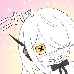 Rule 34 | :d, black bow, blue archive, blush, bow, earphones, hair over one eye, highres, open mouth, short hair, smile, sof (blue archive), unusual pupils, white hair, yellow eyes