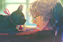 Rule 34 | 1boy, :p, animal, black cat, blue eyes, blurry, blurry background, cake, cat, fasna, food, fork, from side, glasses, grey hair, highres, hood, indoors, jam, jar, light particles, looking at animal, looking at another, male focus, original, plate, profile, ribbon, short hair, solo, spoon, table, tongue, tongue out, upper body, window