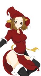 Rule 34 | 1girl, animal ears, black thighhighs, blush, boots, breasts, brown eyes, brown hair, colorized, cow ears, cow girl, cow horns, cow tail, earrings, hat, highres, horns, jewelry, leotard, lineart, original, short hair, solo, tail, thigh boots, thighhighs, tusia, witch hat