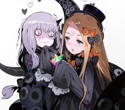 Rule 34 | 2girls, abigail williams (fate), alchemaniac, bags under eyes, black bow, black dress, black hat, blonde hair, blue eyes, bow, dress, fate/grand order, fate (series), forehead, hat, heart, horns, lavinia whateley (fate), multiple girls, orange bow, pale skin, parted bangs, polka dot, polka dot bow, saint quartz (fate), single horn, sleeves past fingers, sleeves past wrists, sweat, tentacles, wavy mouth