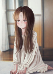 Rule 34 | 1girl, absurdres, bad id, bad twitter id, blurry, blurry background, blush, brown hair, closed mouth, cross, depth of field, empty eyes, gishiki (gshk), grey eyes, hexagram, highres, inverted cross, latin cross, long hair, long sleeves, neck tattoo, nightgown, original, photo background, solo, star of david, tattoo