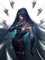 Rule 34 | 1girl, absurdly long hair, black gloves, blade, blue hair, bracelet, breasts, cleavage, closed eyes, collarbone, commentary, elbow gloves, english commentary, fingerless gloves, floating hair, gem, gloves, green gemstone, hair ornament, hand on own chest, haotian gruru, highres, irelia, jewelry, league of legends, light, long hair, medium breasts, multiple swords, parted bangs, pink lips, sentinel (league of legends), sentinel irelia, sidelocks, simple background, solo, standing, thighs, v-shaped eyebrows, very long hair, white background