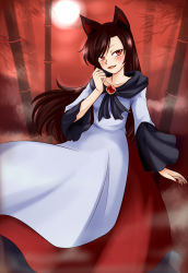 Rule 34 | 1girl, animal ears, bamboo, bamboo forest, blush, brooch, brown hair, dress, female focus, fingernails, forest, frills, full moon, highres, imaizumi kagerou, jewelry, long hair, long sleeves, moon, nam (valckiry), nature, open mouth, red eyes, solo, touhou, wide sleeves, wolf ears