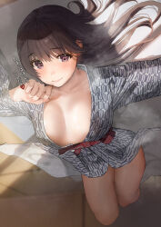 Rule 34 | 1girl, bare legs, blush, breasts, breasts apart, brown eyes, brown hair, closed mouth, collarbone, commentary, highres, indoors, inushima, japanese clothes, kimono, long hair, long sleeves, looking at viewer, lying, medium breasts, on back, on bed, original, sash, smile, solo, tareme, translated, upside-down, wide sleeves, yukata