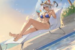 Rule 34 | 1girl, animal ear fluff, animal ears, bare arms, bare legs, bare shoulders, barefoot, bikini, black hair, blue bikini, breasts, chair, cocktail glass, collarbone, commentary, commission, cup, drinking glass, feet, food, fruit, gradient hair, grey eyes, grey hair, grin, hat, highres, holding, holding cup, large breasts, looking at viewer, lounge chair, lucadark art, multicolored hair, navel, open mouth, orange (fruit), orange slice, original, outdoors, plant, reclining, side-tie bikini bottom, sitting, skeb commission, smile, solo, stomach, strap pull, straw hat, swimsuit, teeth, tropical drink, two-tone hair, water