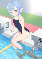 Rule 34 | 1girl, bare shoulders, blue eyes, blue hair, blush, commentary request, competition school swimsuit, elliot leucosia, fins, fish girl, hair beads, head fins, highres, looking at viewer, monster girl, one-piece swimsuit, original, pool, school swimsuit, sitting, smile, solo, swimsuit, takunomi, water, webbed hands