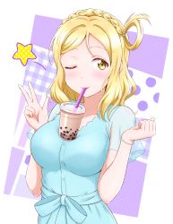 Rule 34 | 1girl, ;), blonde hair, blue dress, blush, bracelet, braid, bubble tea, bubble tea challenge, ckst, clenched hand, commentary request, crown braid, cub, dress, drinking, drinking straw, hair rings, hands up, highres, jewelry, love live!, love live! school idol festival, love live! sunshine!!, medium hair, object on breast, ohara mari, one eye closed, see-through, see-through sleeves, smile, solo, star (symbol), w, yellow eyes