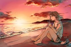 Rule 34 | 1girl, bad id, bad pixiv id, barefoot, beach, breasts, brown eyes, brown hair, cleavage, closed mouth, cloud, cup, from side, hill, holding, hood, hoodie, long sleeves, mug, original, outdoors, profile, shoes, unworn shoes, shorts, signature, sitting, smile, solo, steam, sunset, tsubaki (teatime0), water, wind