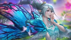 Rule 34 | 1other, blue eyes, blue wings, blurry, blurry background, butterfly wings, dress, final fantasy, final fantasy xiv, floating hair, insect wings, jewelry, lisa buijteweg, long hair, necklace, pointy ears, silver hair, smile, solo, tiara, titania (final fantasy), wings
