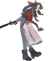 Rule 34 | 1girl, aerith gainsborough, arms behind back, blush, boots, bow, braid, braided ponytail, brown footwear, brown hair, closed eyes, cropped, dress, final fantasy, final fantasy vii, final fantasy vii remake, full body, gold bracelet, grin, hair bow, highres, holding, holding staff, jacket, jewelry, knbn 0728, leaning forward, long hair, multiple bracelets, necklace, open clothes, open jacket, pink bow, pink dress, red jacket, sidelocks, smile, solo, staff, sundress