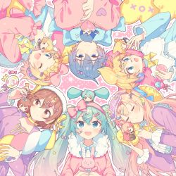 Rule 34 | 2boys, 4girls, aqua eyes, aqua hair, bandaged ear, bandages, bandaid, bandaid on cheek, bandaid on face, bandaid on nose, blonde hair, blouse, blue eyes, blue hair, blue ribbon, blush, braid, brown eyes, brown hair, buttons, candy, center frills, character doll, character name, choker, circle formation, closed eyes, colored tips, dot nose, eyepatch, fish hair ornament, flower, flying sweatdrops, food, food-themed hair ornament, frilled shirt collar, frilled sleeves, frills, gradient hair, green eyes, hair flower, hair ornament, hair ribbon, hairband, hairclip, hatsune miku, headphones, heart, heart eyepatch, heart hair ornament, heart-shaped lollipop, high collar, kagamine len, kagamine rin, kaito (vocaloid), lollipop, long sleeves, looking at viewer, megurine luka, meiko (vocaloid), multicolored hair, multiple boys, multiple girls, neck ribbon, nightgown, one eye closed, open mouth, outline, pastel colors, pink background, pink hair, pink hairband, pink ribbon, pink shirt, pink sweater, pink theme, polka dot, polka dot background, purple nightgown, ribbon, ribbon choker, shaped lollipop, shirt, short hair, simple background, sinaooo, sleep mask, spring onion hair ornament, star (symbol), star hair ornament, stuffed animal, stuffed rabbit, stuffed toy, sweater, triangle hair ornament, twintails, upside-down, vocaloid, white outline, wide-eyed, x hair ornament, yellow ribbon