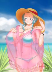 Rule 34 | 1girl, absurdres, beach, bikini, blue hair, blush, bracelet, breasts, cleavage, cloud, curvy, hand on chest, hand on own chest, hat, highres, huge breasts, jewelry, joylewds, large breasts, long hair, looking at viewer, navel, nefertari vivi, ocean, one piece, outdoors, sand, sky, solo, standing, stomach, straw hat, swimsuit, thick thighs, thighhighs, thighs, wide hips