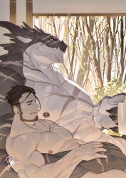 Rule 34 | 2boys, abs, absurdres, afterglow, bara, bare tree, beard, biceps, completely nude, cross scar, cup, dragon boy, facial hair, fang, feet out of frame, forest, from side, furry, furry male, furry with non-furry, grey scales, hand on another&#039;s crotch, highres, holding, holding cup, interspecies, kimidori (dera kimidori), large hands, large pectorals, male focus, mature male, mug, multiple boys, muscular, muscular male, nature, nipples, nude, original, pectorals, scar, scar on chest, short hair, size difference, smile, stomach, sweat, too many, too many scars, tree, tusks, yaoi