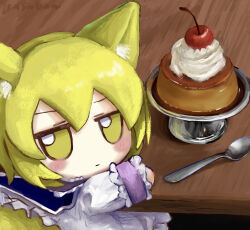 Rule 34 | 1girl, animal ear fluff, animal ears, blonde hair, blush, cherry, chibi, closed mouth, dress, food, fox ears, frills, from behind, fruit, fumo (doll), highres, jitome, long sleeves, looking at viewer, looking back, no headwear, pudding, short hair, sitting, solo, spoon, table, touhou, upper body, whipped cream, white dress, yakumo ran, yakumora n, yellow eyes