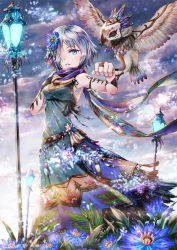 1girl bad_id bad_pixiv_id bird bird_on_hand blue_dress blue_eyes blue_flower bridal_gauntlets day dress flower hair_over_one_eye highres jewelry layered_dress long_dress looking_at_viewer original outdoors parted_lips purple_scarf ring scarf sho_(sumika) short_hair silver_hair sleeveless sleeveless_dress solo standing