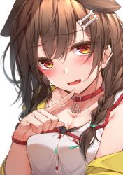 Rule 34 | 1girl, :d, animal ears, blush, bone hair ornament, braid, breasts, brown hair, cleavage, collar, collarbone, commentary request, dog ears, dog girl, fangs, finger to mouth, hair ornament, hairclip, highres, hololive, index finger raised, inugami korone, inugami korone (1st costume), long hair, medium breasts, off shoulder, open clothes, open mouth, orange eyes, shirt, simple background, single bare shoulder, smile, solo, toyosaki shu, twin braids, upper body, virtual youtuber, white background, white shirt, wristband