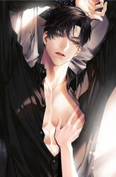 Rule 34 | 1boy, arms up, black hair, black shirt, disembodied hand, green eyes, ishida kaname, lips, long sleeves, looking at viewer, love and deepspace, male focus, muscular, muscular male, parted lips, pectorals, shirt, short hair, solo focus, zayne (love and deepspace)
