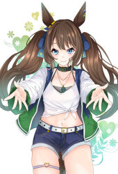 Rule 34 | 1girl, absurdres, alternate costume, animal ears, belt, blue eyes, blush, breasts, brown hair, casual, closed mouth, collar, collarbone, hair ornament, highres, horse ears, horse girl, incoming hug, jewelry, long hair, medium breasts, midriff, navel, necklace, reaching, reaching towards viewer, reishi (litvyak), shorts, simple background, smile, solo, tosen jordan (umamusume), twintails, umamusume, white background
